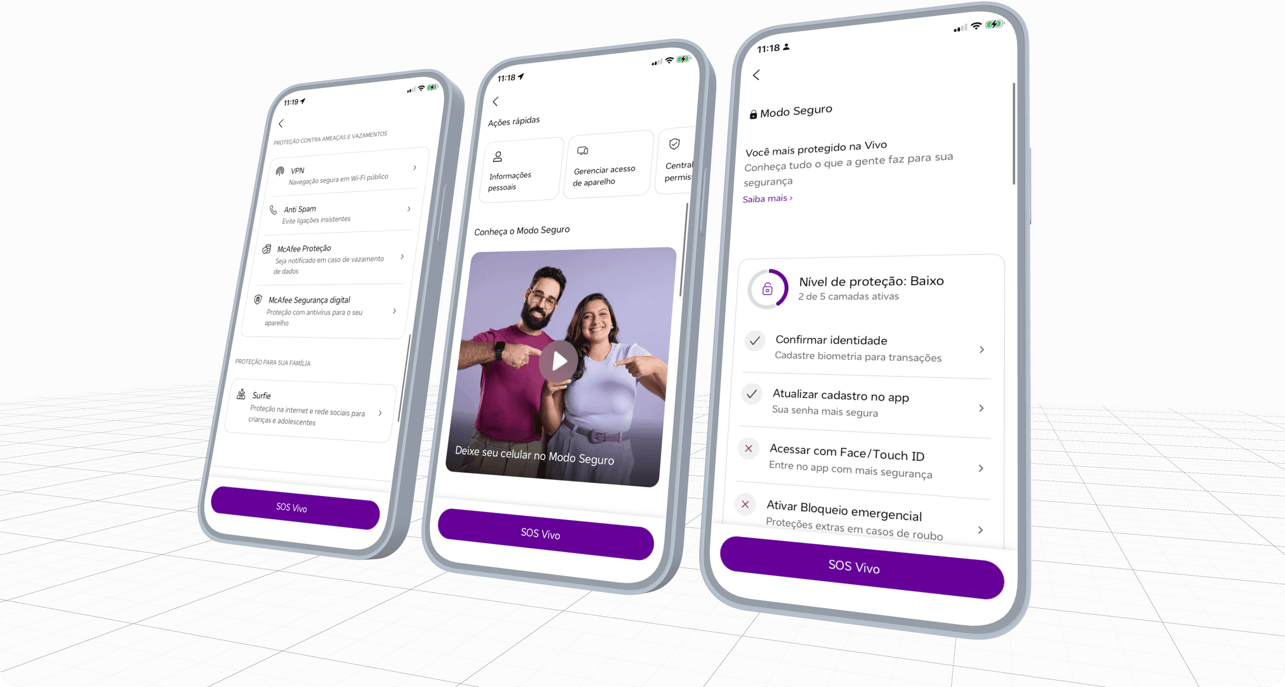 Three Modo Seguro screens in the Vivo app: security solutions, quick actions with the intro video, and the protection hub with its security layers