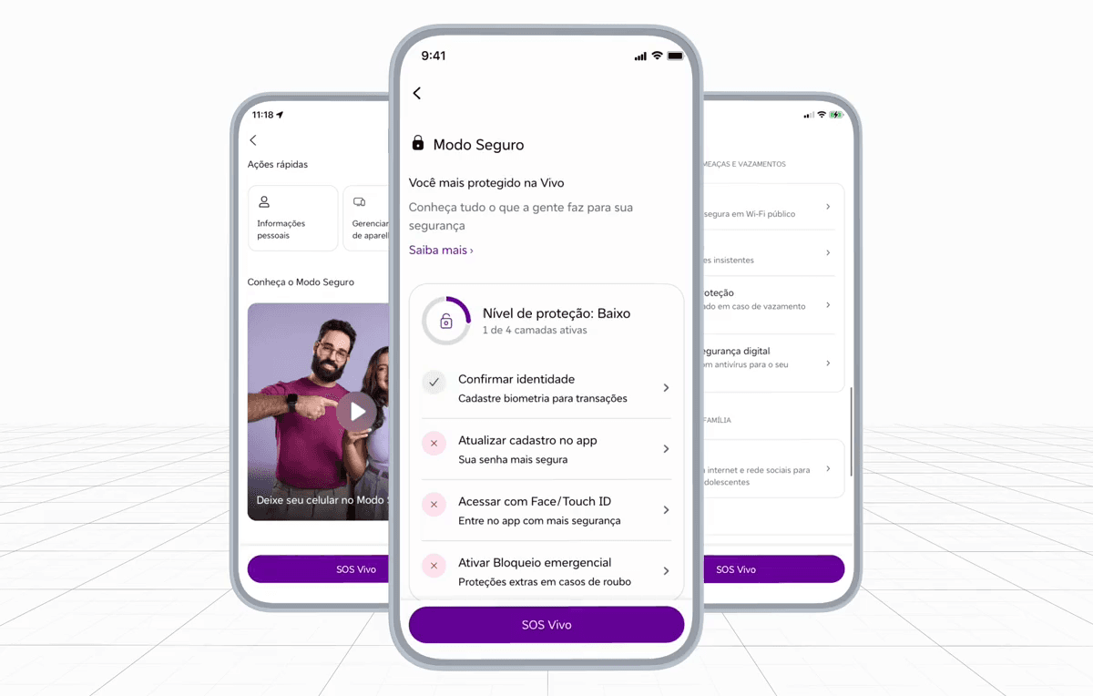 B2C product design for the Vivo app, including Modo Seguro, a security hub, and Crédito Antecipado, a prepaid-credit redesign.
